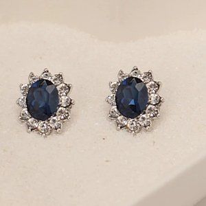 Silver Oval Cut Blue Sapphire Diamond Earring